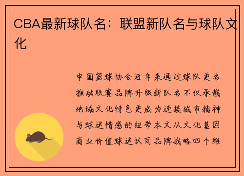 CBA最新球队名：联盟新队名与球队文化