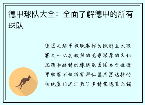 德甲球队大全：全面了解德甲的所有球队