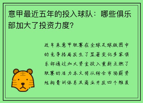 意甲最近五年的投入球队：哪些俱乐部加大了投资力度？