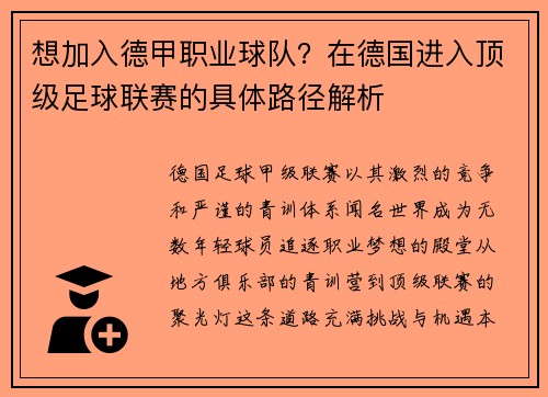 想加入德甲职业球队？在德国进入顶级足球联赛的具体路径解析