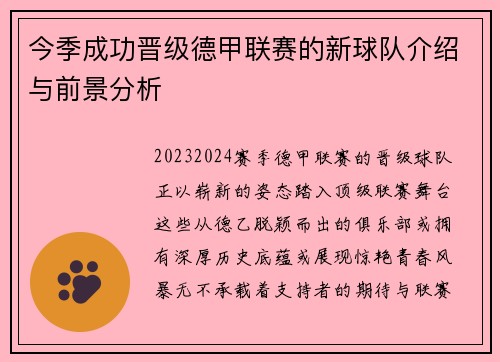 今季成功晋级德甲联赛的新球队介绍与前景分析